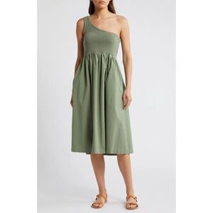NATION $248 Connie One Shoulder Smocked Midi Dress - Sea spray
